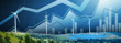 Green fields, trees and wind turbines overlaid with a variety of graphs and upward arrow diagrams. 