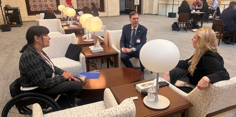 Tuesday, October 7, 2025 – From left to right : Senator Chantal Petitclerc, Rob Eatough, President and CEO of Easter Seals Canada, and Karen Moores, Public Affairs Advisor and Consultant for Easter Seals Canada; meeting; Senate of Canada Building, Ottawa, Ontario.
