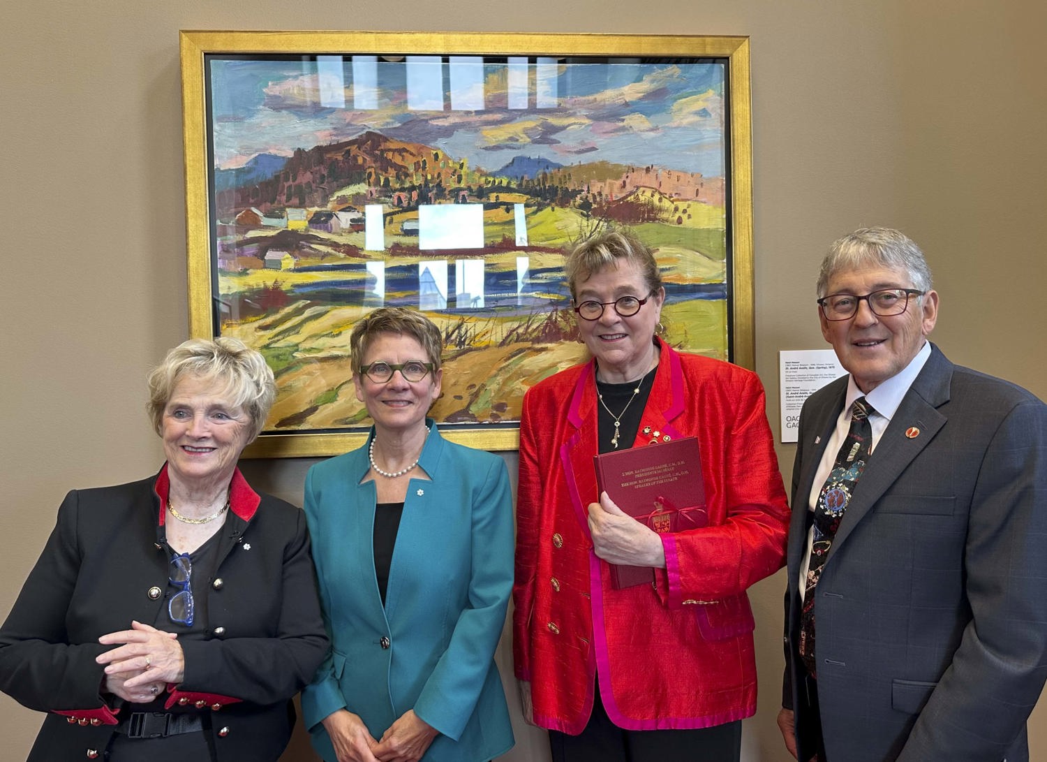 Tuesday, September 23, 2025 – From left to right: Lise Aubut, manager of Édith Butler, the Honourable Raymonde Gagné, Speaker of the Senate, Édith Butler, and Senator Réjean Aucoin; visit by Édith Butler to receive the rank of Commander of the Ordre of la Pléiade; Senate of Canada Building, Ottawa, Ontario.