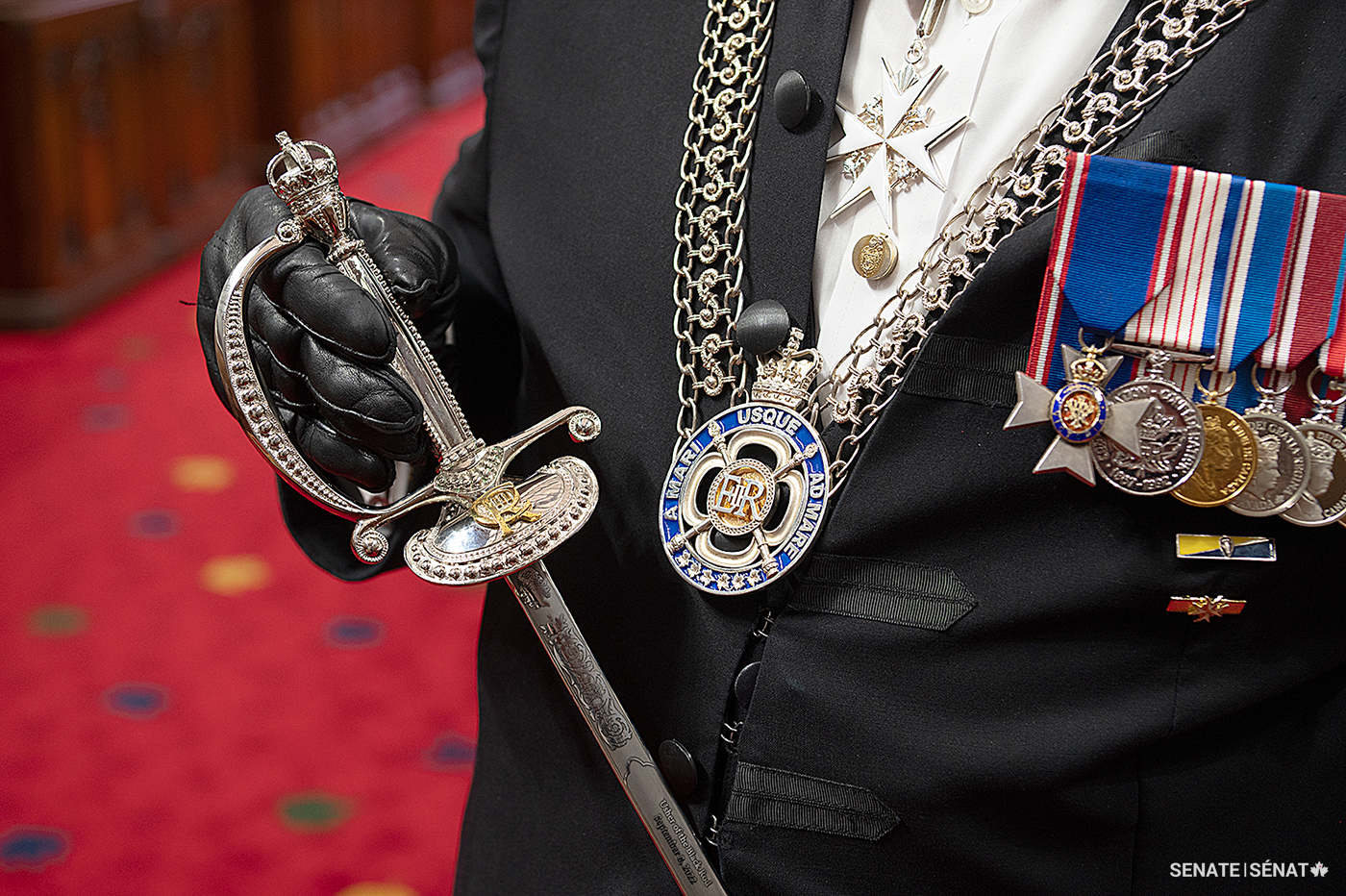 A close look at the pommel, grip and guard of the sword as well as other regalia the Usher of the Black Rod wears, including his chain of office and various honours he has received, among them the Queen Elizabeth II Golden and Diamond Jubilee medals and the insignia for Member of the Royal Victorian Order.