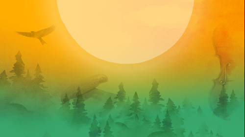 Un dessin illustrant un soleil, une limite forestière, des symboles des Premières Nations, des Métis et des Inuits et un livre ouvert.