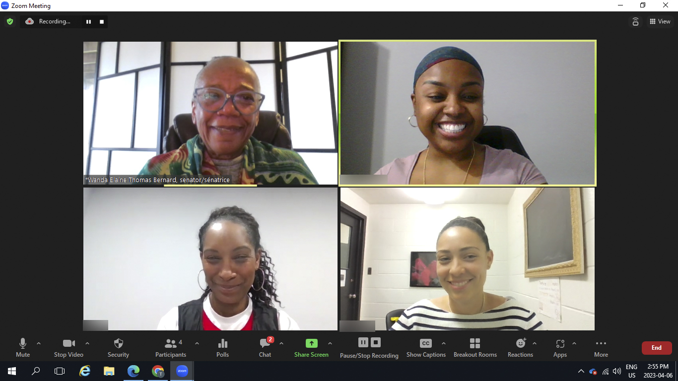 Thursday, April 6, 2023 – Senator Wanda Thomas Bernard participates in a meeting with members of the Toronto District School Board’s Black Social Workers Group. They discussed the action items proposed by the group and the Attendance Counsellors’ Group to address the impact of systemic racism on students and teachers in their schools and communities.