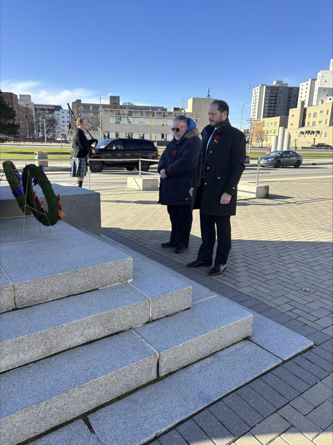 Tuesday, November 11, 2025 – Senator Charles S. Adler, left; Remembrance Day ceremony; Winnipeg Cenotaph, Winnipeg, Manitoba.