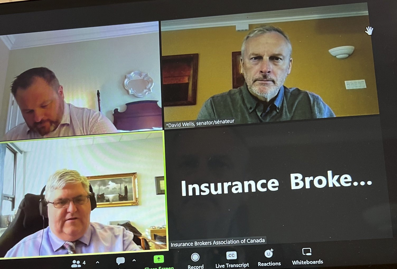 Tuesday, May 31, 2022 – Senator David Wells (top right) meets with Newfoundland and Labrador representatives of the Insurance Brokers Association of Canada. Topics of discussion included consumer protection within the Bank Act, natural disaster mitigation and open banking.