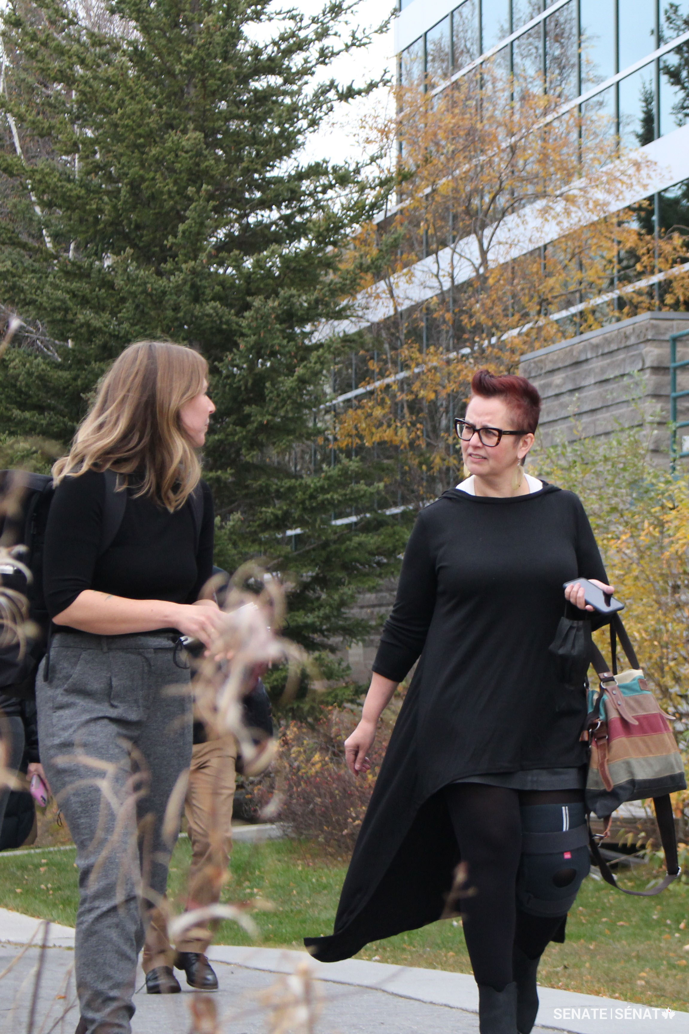 Senator Anderson and the clerk of the committee walk to the Legislative Assembly of the Northwest Territories in Yellowknife.