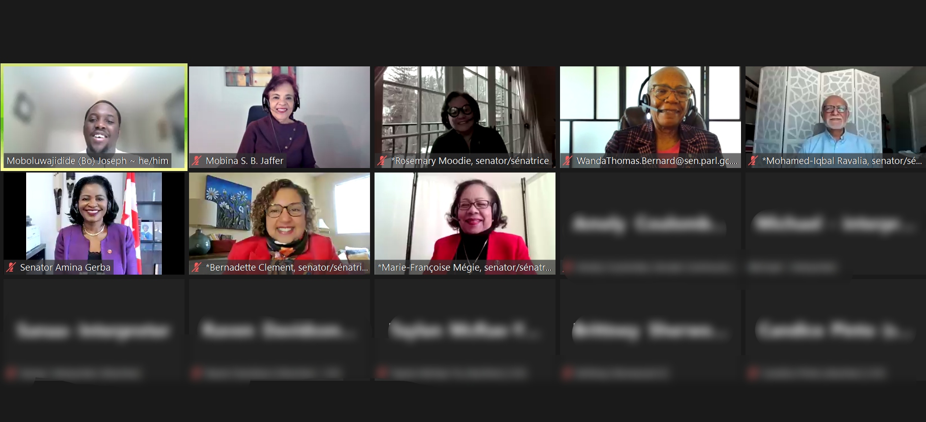 Senators Wanda Thomas Bernard, Bernadette Clement, Amina Gerba, Mobina Jaffer, Marie-Françoise Mégie, Rosemary Moodie and Mohamed-Iqbal Ravalia celebrate Black History Month with the Canadian Federation of Students. The senators discussed anti-Black racism, ways to work towards anti-racist allyship and solidarity practices and the post-secondary experience of Black students in Canada. This event was organized in partnership with SENgage.