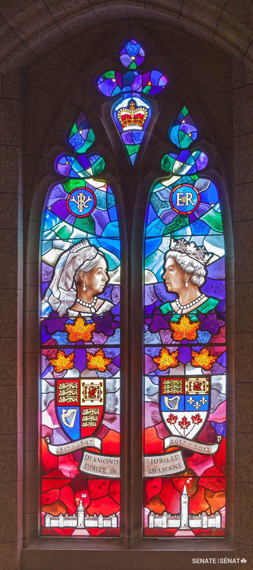 A stained-glass window commemorating the Queen’s Diamond Jubilee — 60 years on the throne — was installed above the Senate entrance to Centre Block.