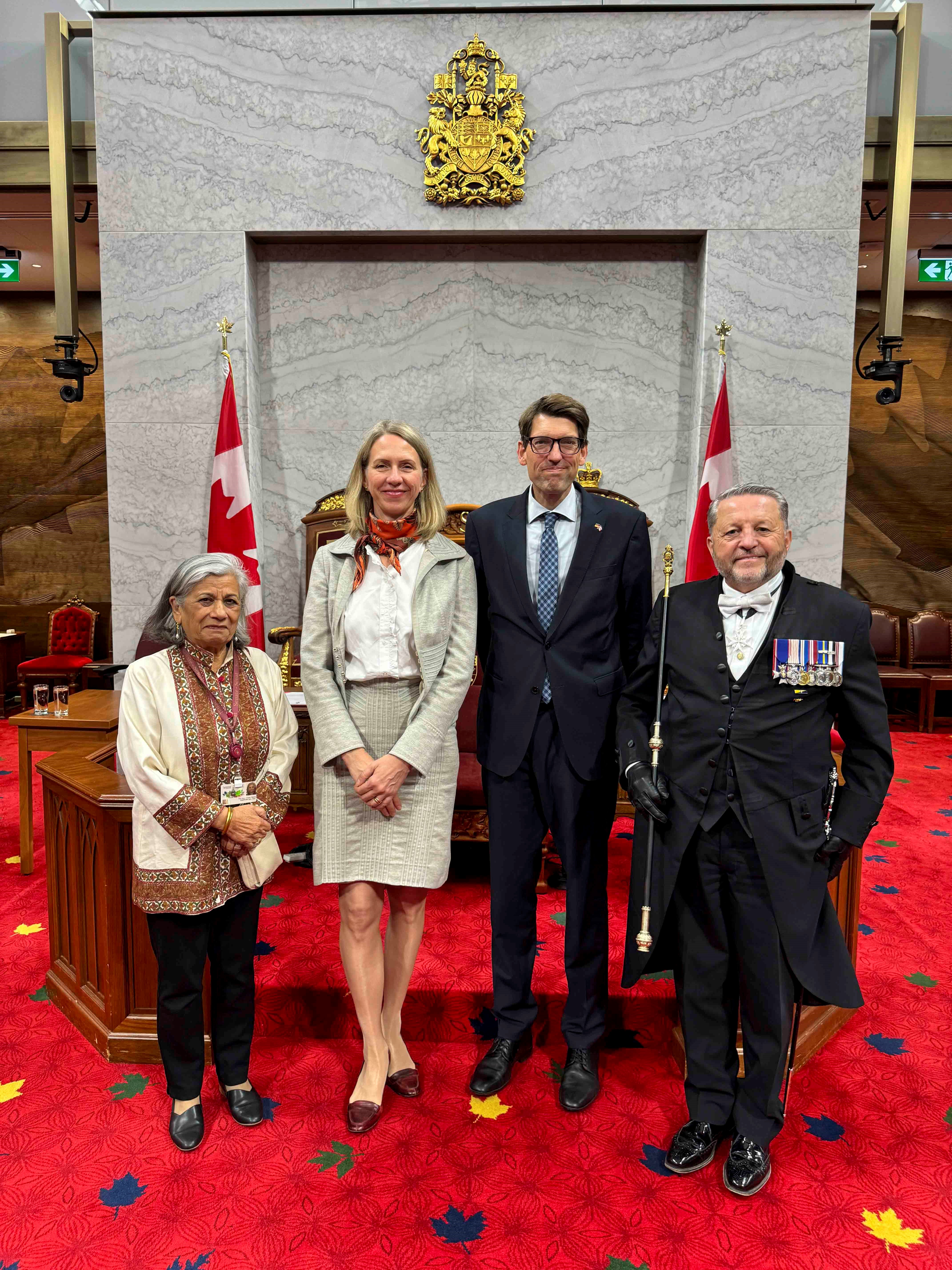 Thursday, October 24, 2024 – From left to right: Former senator Ratna Omidvar, Germany’s Ambassadors to Canada, Their Excellencies Tjorven Bellmann and Matthias Lüttenberg, and Usher of the Black Rod, J. Greg Peters; Welcome ceremony for German Ambassadors to Canada; Senate of Canada Building, Ottawa, Ontario.