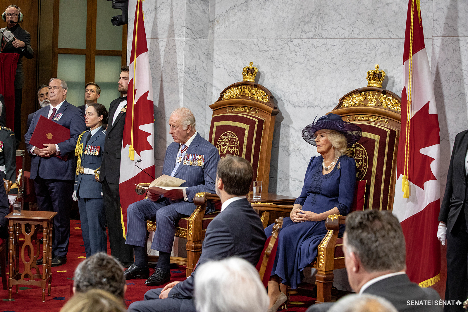 The King reads the throne speech in the Senate Chamber. He is the first monarch to be seated on the throne, which was commissioned for Canada’s 150th birthday and intended for use in the Senate of Canada Building. “As the anthem reminds us,” he said, “the True North is indeed strong and free!”