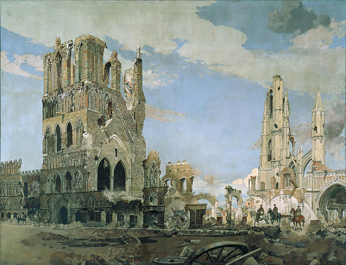 Ypres, un centre historique de production de tissus près de la ligne de front belge, a été réduit en ruines pendant la Première Guerre mondiale. L’artiste James Kerr-Lawson, de Hamilton, en Ontario, a représenté les ruines de sa Halle aux draps médiévale et de sa cathédrale. (James Kerr-Lawson, La Halle aux draps, Ypres, huile sur toile, 1919, H : 278 cm x L : 364 cm, Beaverbrook Collection of War Art, Musée canadien de la guerre, CWM 19710261-0334)