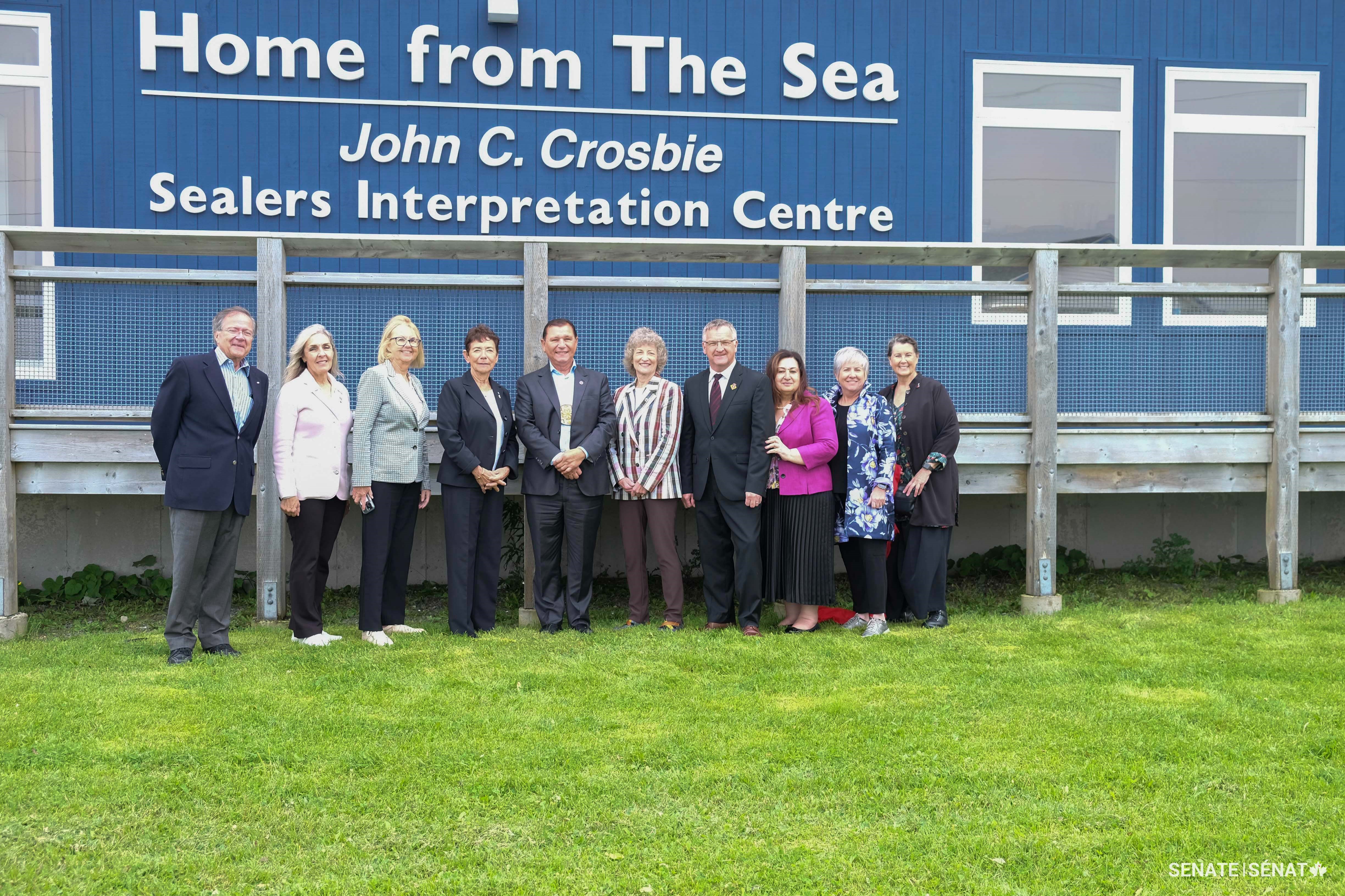 A delegation of the Senate Committee on Fisheries and Oceans kicks off its fact-finding mission to Newfoundland and Labrador with a visit to the John C. Crosbie Sealers Interpretation Centre in Elliston, a historic fishing town and settlement. From left, senators Jim Quinn, Rebecca Patterson, Jane Cordy, Bev Busson, Brian Francis, Pat Duncan, Fabian Manning, Salma Ataullahjan, Iris Petten and Marilou McPhedran.