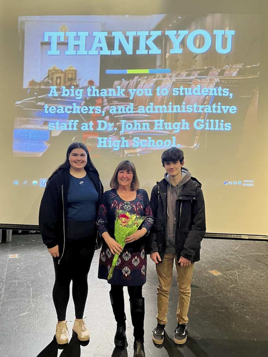 As part of SENgage, Senator Mary Coyle, centre, meets with Grade 9 citizenship students to talk about the history of the Senate, its role in Parliament and her work as senator. She was hosted by students Kaitlyn Penney, left, and Carter Clifton, right.