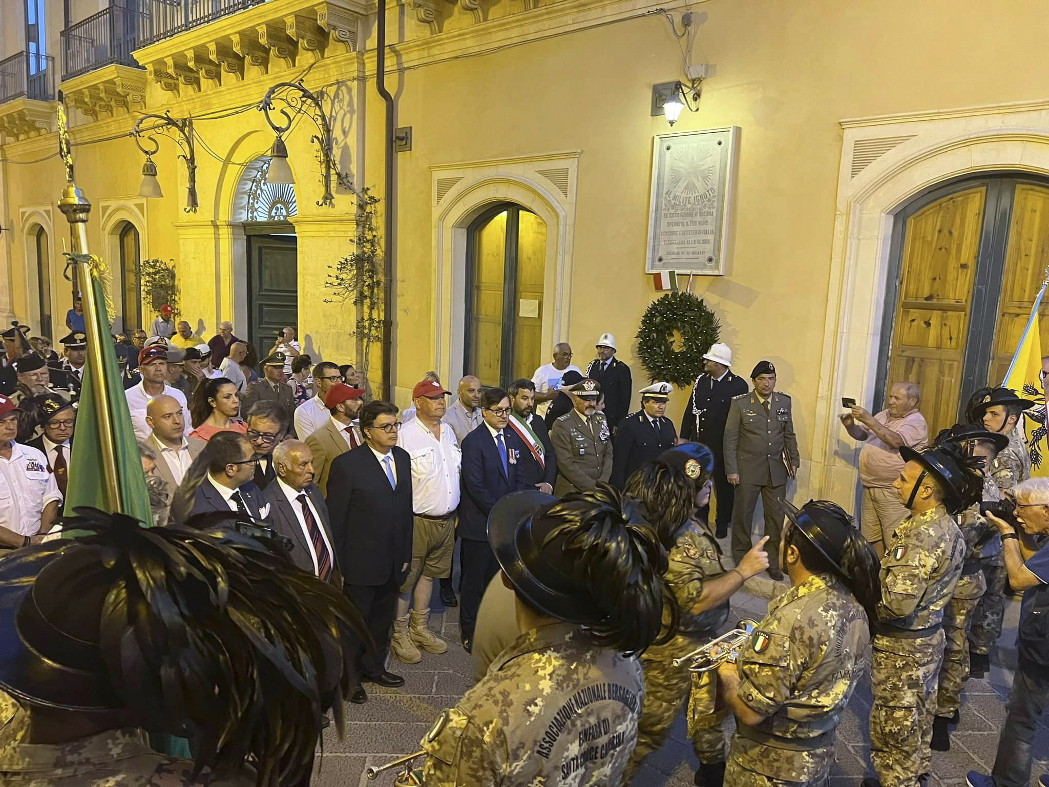 Tuesday, July 11, 2023 – Senator Tony Loffreda, fifth from left, front line across members of the Italian Army’s Bersaglieri that his father and family were once part of; Walk for Remembrance and Peace in commemoration of the 80th anniversary of Operation Husky; Rosolini, Italy