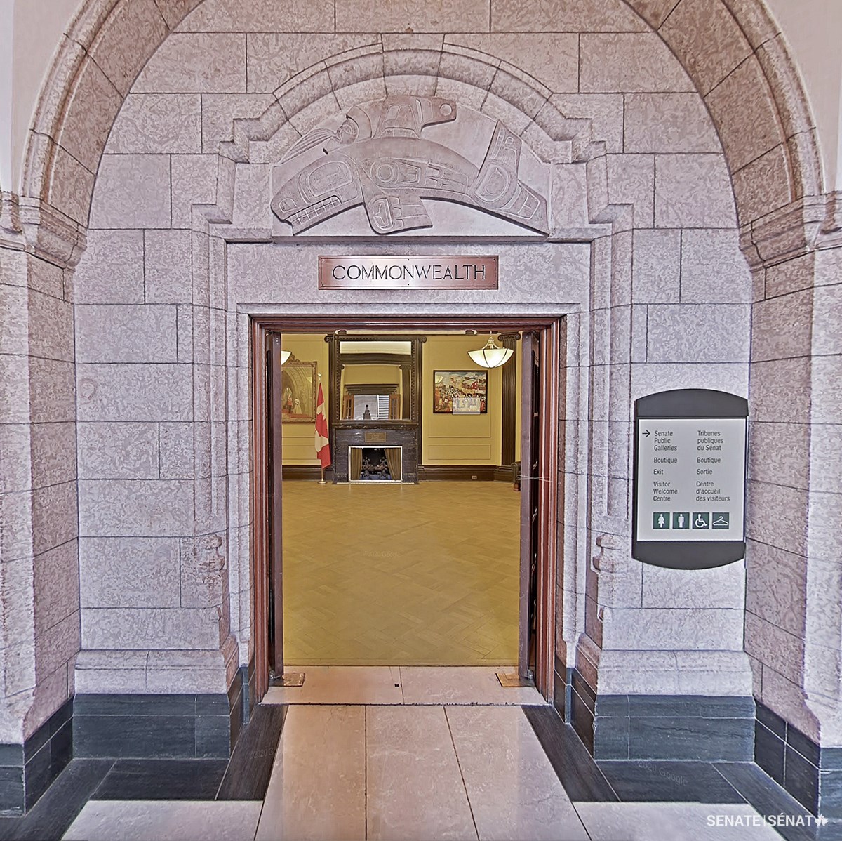 Walter Harris’s 1981 sculpture Killer Whale crowns the doorway of Centre Block’s Commonwealth Room. The orca is said to have the ability to shapeshift and take human form.