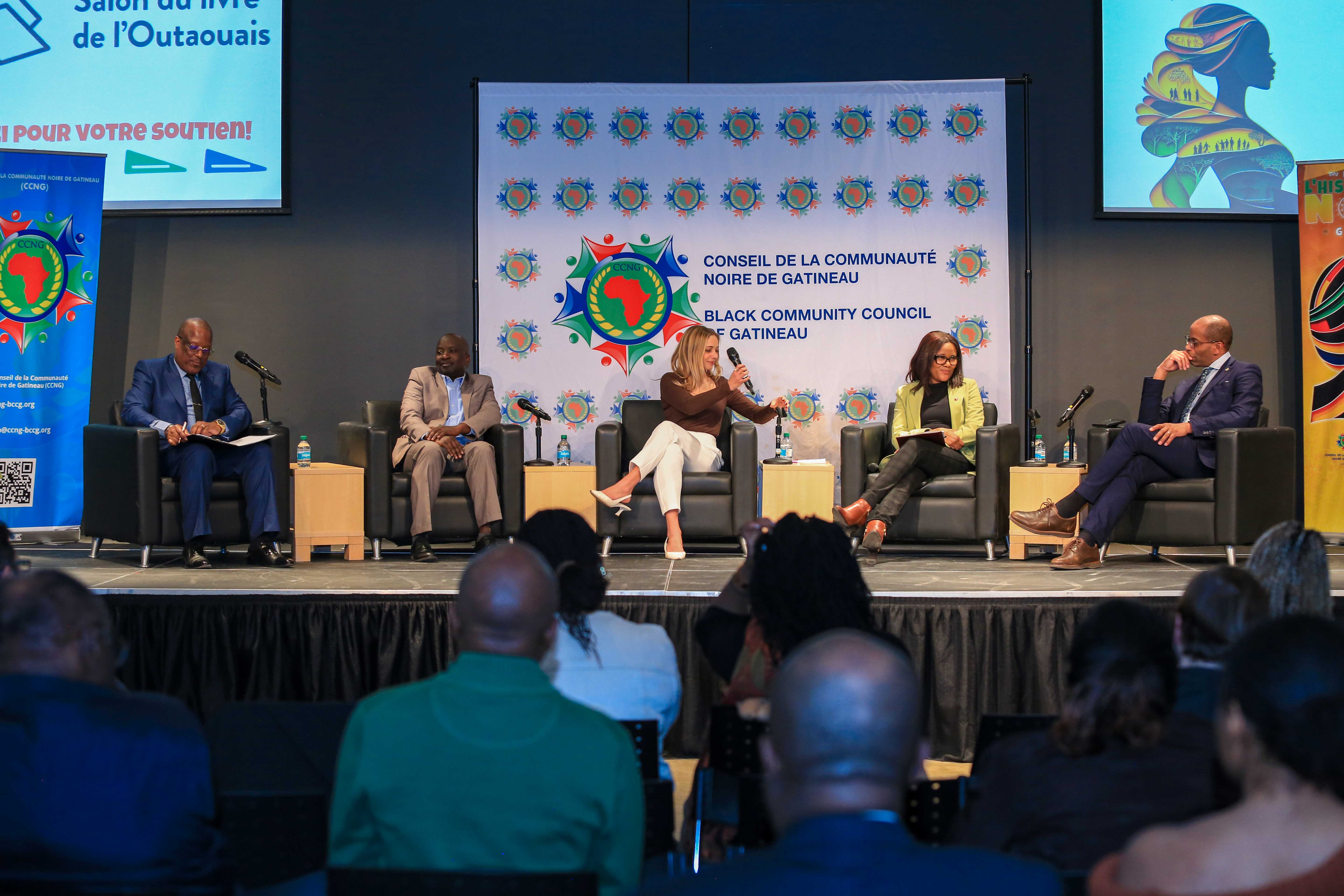 Tuesday, February 25, 2025 – Senator Suze Youance, second from right, with the Speaker of the House of Commons, the Honorable Greg Fergus, right, and other panelists; 23rd Annual Black History Month Celebration by the Conseil de la Communauté noire de Gatineau; visit coordinated by SENgage; Université du Québec en Outaouais, Gatineau, Quebec.