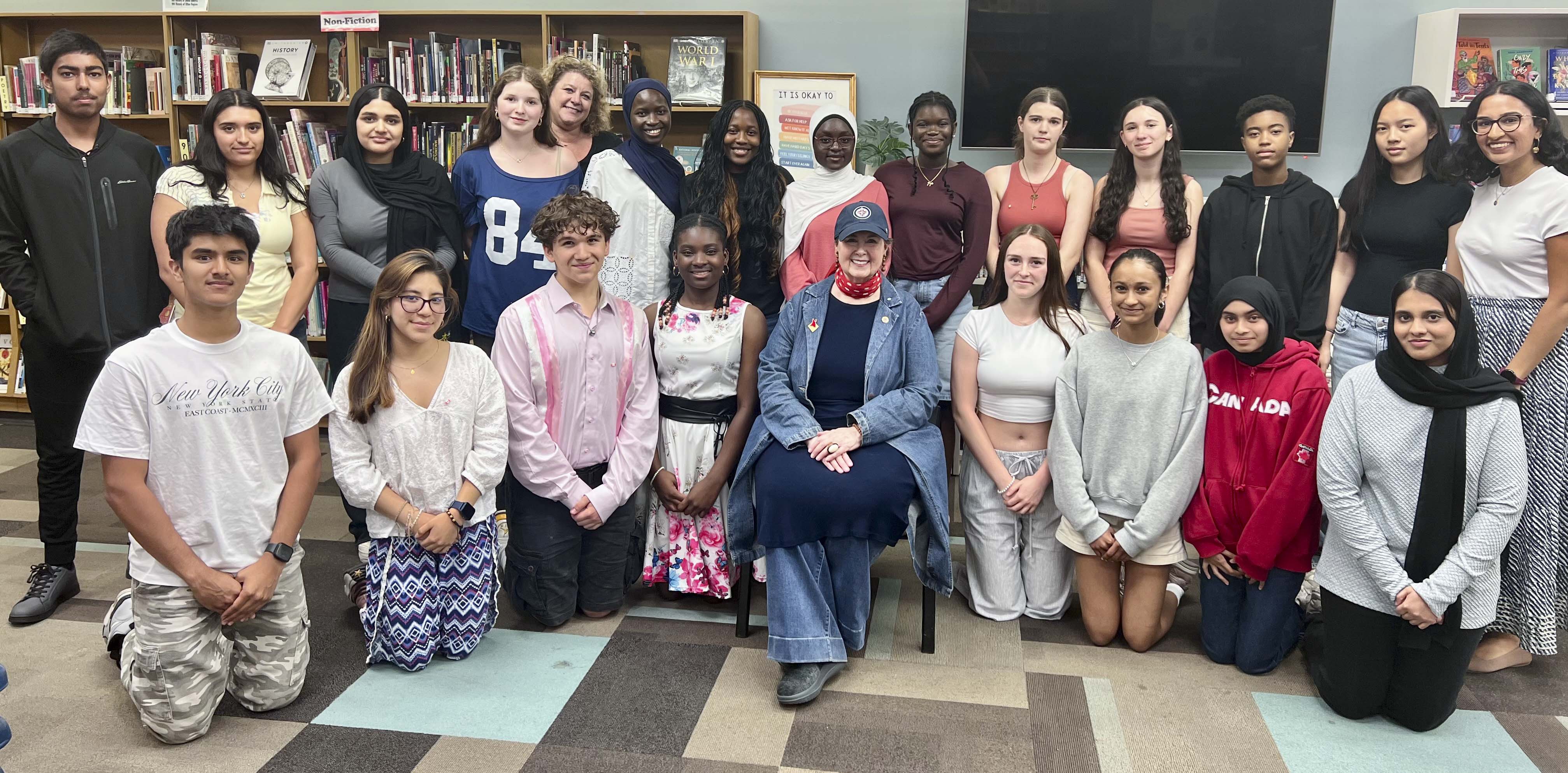 Monday, May 12, 2025 – Senator Marilou McPhedran with high school students; visit coordinated by SENgage; Dakota Collegiate, Winnipeg, Manitoba.