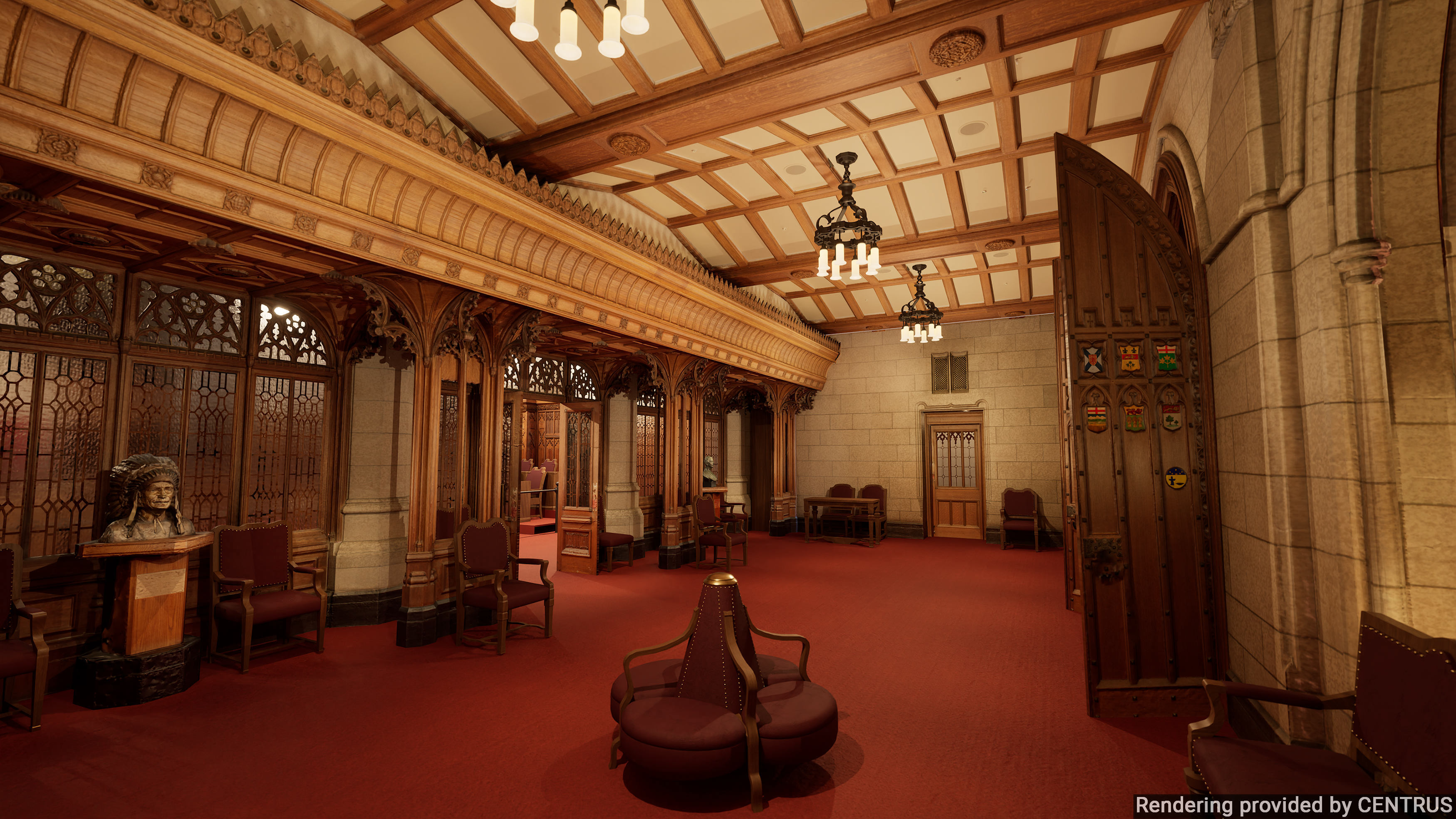 A computer rendering of the rehabilitated Senate antechamber, featuring updated lighting.