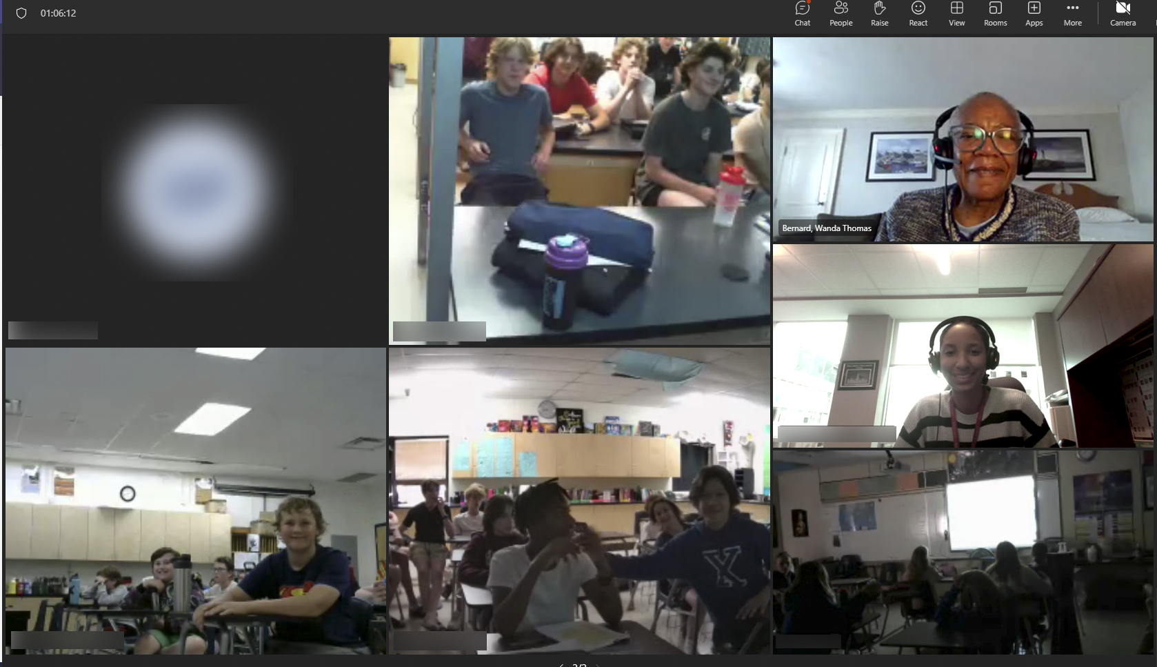 Friday, May 26, 2023 – Senator Wanda Thomas Bernard, top right, meets virtually with students at Riverview Middle School in Devon, Alberta. During the session organized by SENgage, she spoke about her path to the Red Chamber and shed light on her role as a senator. She inspired the students by highlighting the potential for young people to make a difference and to bring about positive change. She also answered students’ questions.