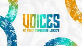 A banner of blue, green and yellow Indigenous symbols with the words “Voices of Youth Indigenous Leaders.”