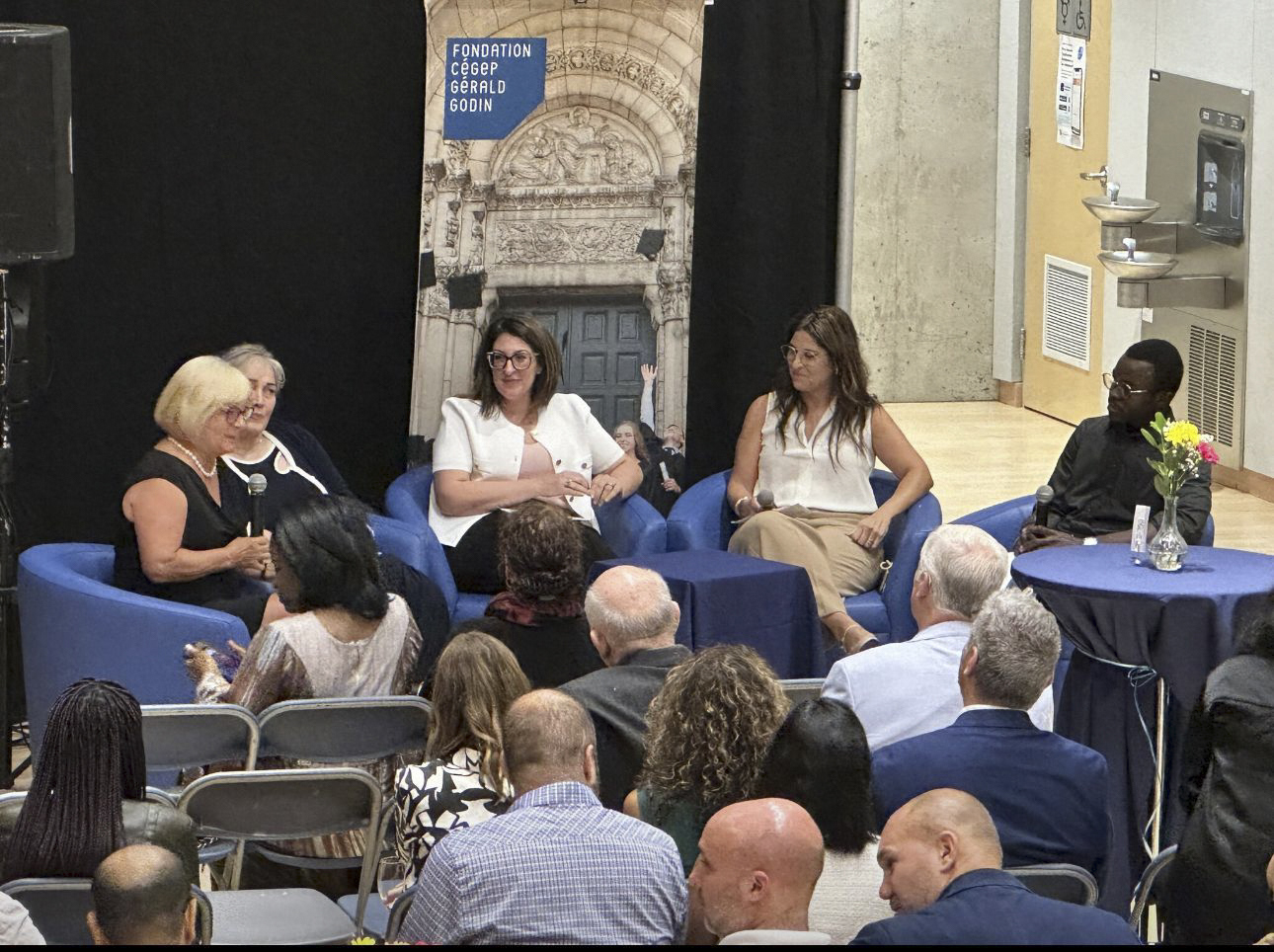 Thursday, September 11, 2025 – Senator Julie Miville-Dechêne, left, with organizers and speakers from Cégep Gérald-Godin; evening in support of the Student Refugee Program run by the World University Service of Canada (WUSC), Montréal, Quebec.