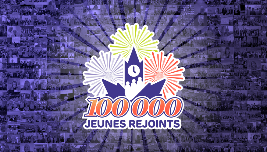 Une feuille d’érable décorative avec les mots « 100 000 jeunes rejoints ».