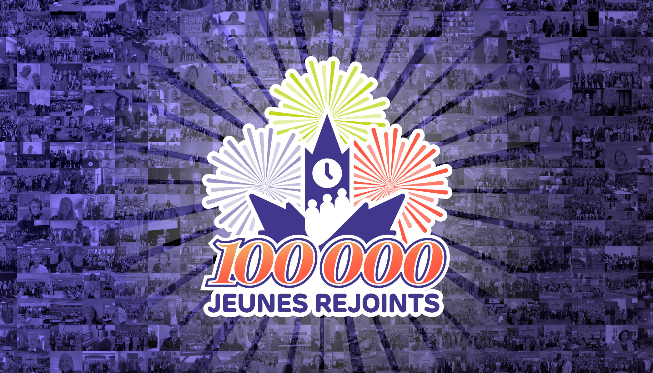 Une feuille d’érable décorative avec les mots « 100 000 jeunes rejoints ».