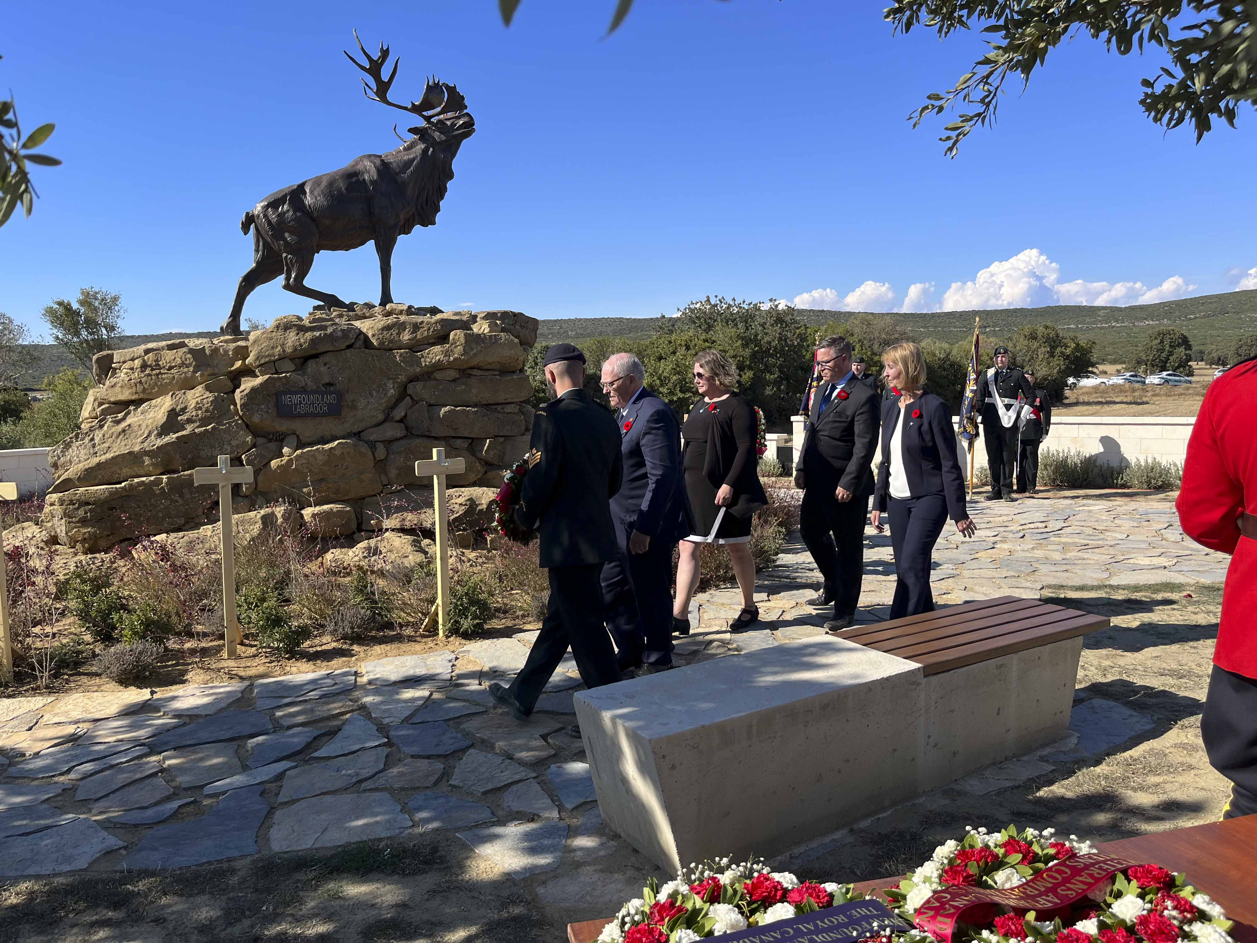 Monday, October 3, 2022 – In Turkey, senators George J. Furey, Speaker of the Senate (second from left), and Elizabeth Marshall (right), along with Members of Parliament Rachel Blaney and Clifford Small, lay a wreath during the dedication ceremony for the Gallipoli Newfoundland Memorial. Newfoundlanders fought and died during the First World War at this location — where a bronze caribou now stands— and many others overseas.