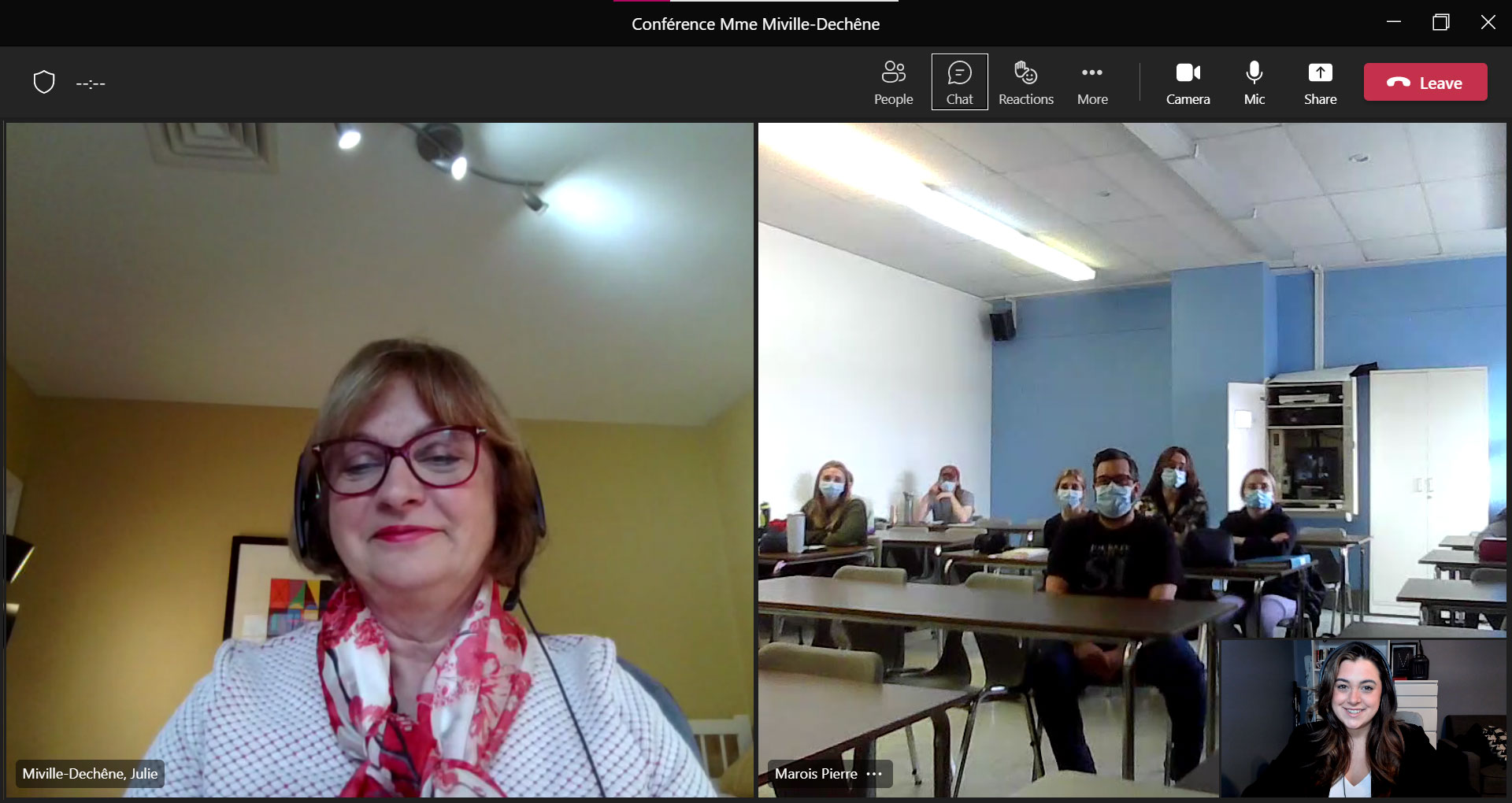 Senator Julie Miville-Dechêne speaks with students from the Cégep de l’Abitibi-Témiscamingue during a SENgage event.