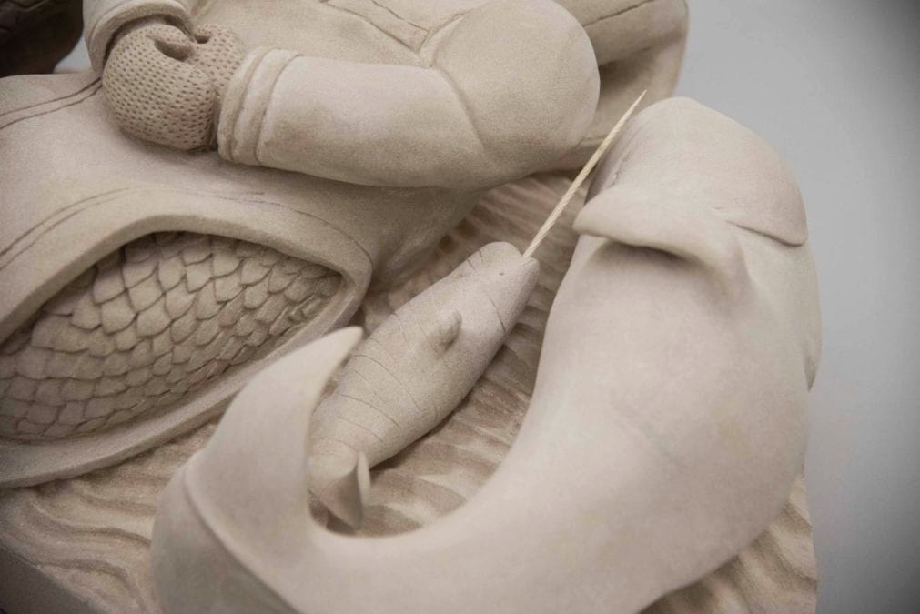 A closeup of Bart Hanna Kappianaq’s 2019 sculpture Sedna shows the sea goddess’s whale and narwhal attendants. (Photo credit: House of Commons)