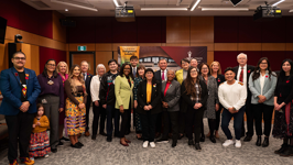 A group of young Indigenous leaders and senators pose for the welcoming reception of Voices of Youth Indigenous Leaders.