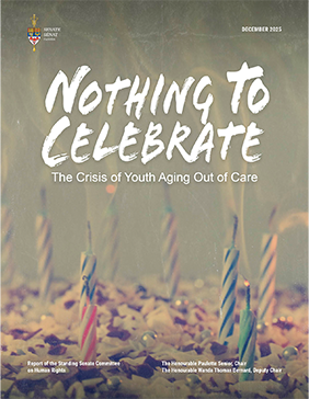 A cake with blown-out candles and the following words: December 2025, Nothing to Celebrate: The Crisis of youth aging out of care. Report of the Standing Senate Committee on Human Rights, The Honourable Paulette Senior, Chair, The Honourable Wanda Thomas Bernard, Deputy Chair