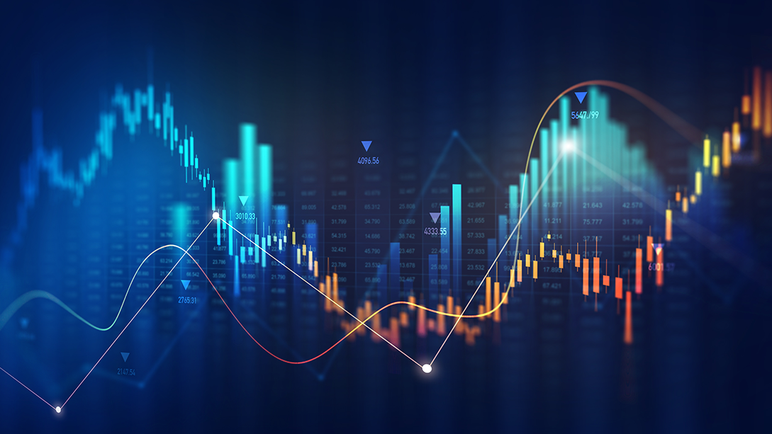 Graphiques linéaires et en barres sur des colonnes de chiffres et un fond bleu foncé.