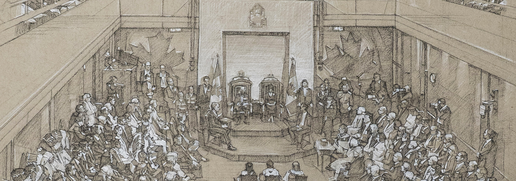 A black-and-white chalk drawing on tan-coloured paper of King Charles III reading the Speech from the Throne in the Senate Chamber filled with guests.