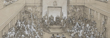 Un dessin à la craie en noir et blanc sur papier beige représentant le roi Charles III lisant le discours du Trône dans la Chambre du Sénat remplie d’invités.