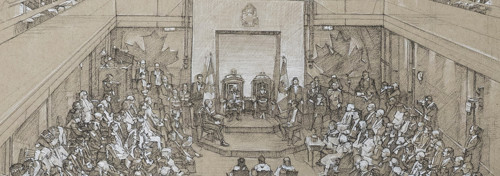 A black-and-white chalk drawing on tan-coloured paper of King Charles III reading the Speech from the Throne in the Senate Chamber filled with guests.
