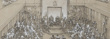 Un dessin à la craie en noir et blanc sur papier beige représentant le roi Charles III lisant le discours du Trône dans la Chambre du Sénat remplie d’invités.