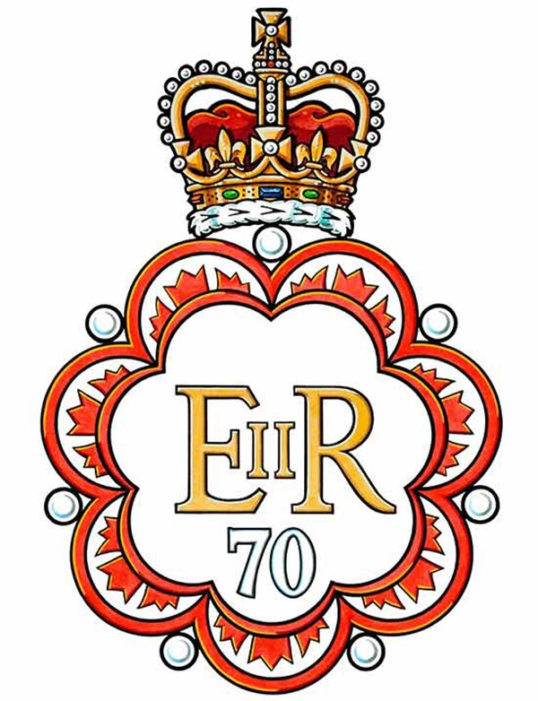 The Canadian Platinum Jubilee emblem is based on the royal cypher. The platinum-coloured number 70 marks the Queen’s years on the throne. St. Edward’s Crown surmounts the entire emblem.