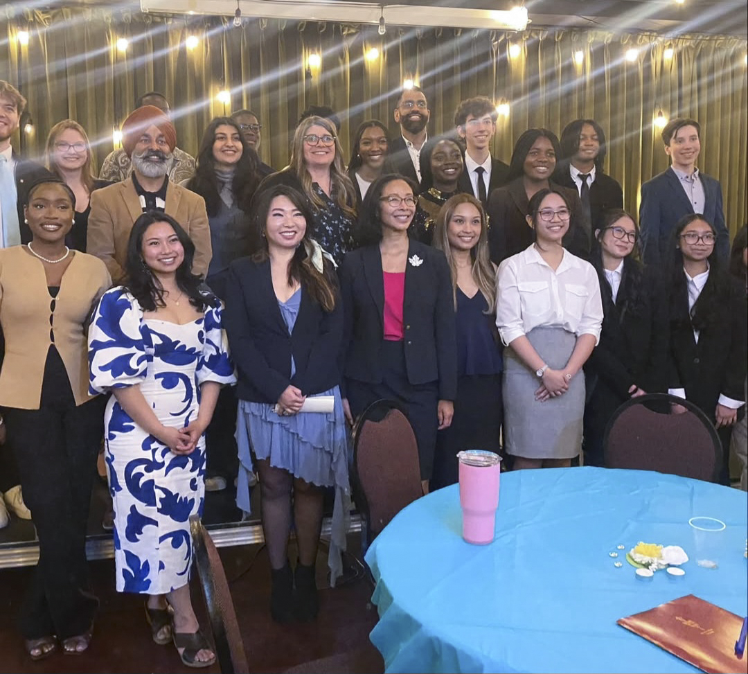 Saturday, May 3, 2025 – Senator Flordeliz (Gigi) Osler, centre, with members of Young Politicians of Canada; Antoine Gaborieau Hall, Winnipeg, Manitoba.