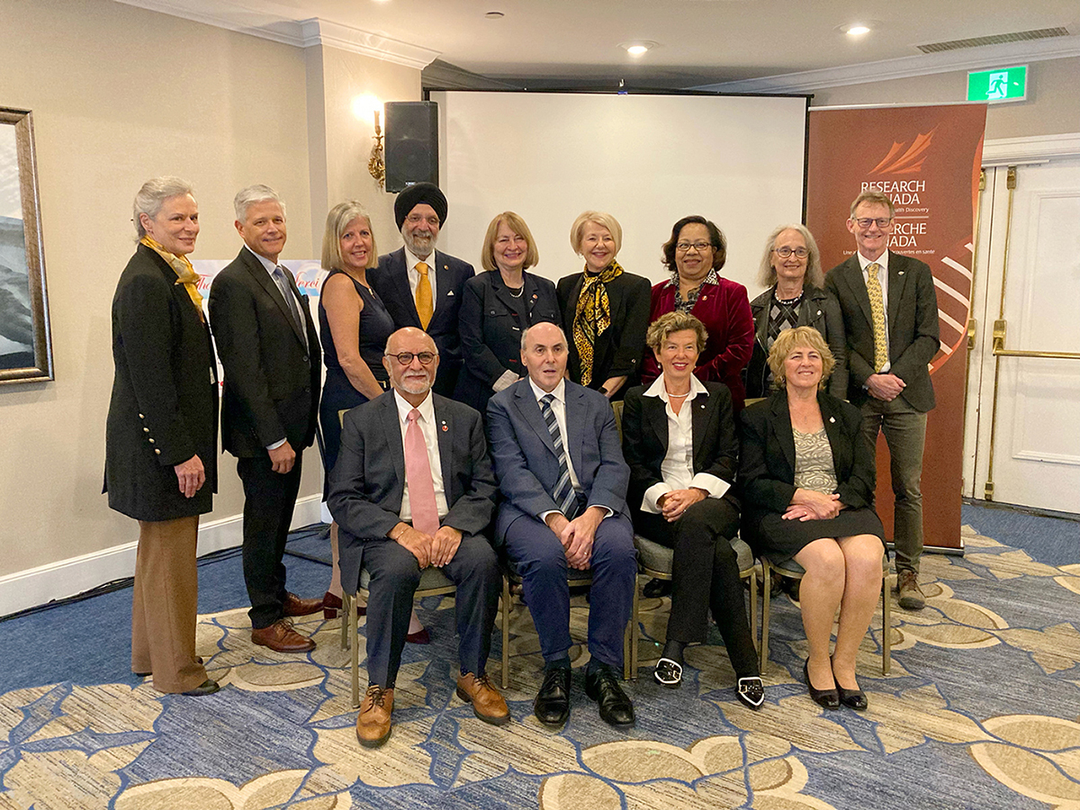 Tuesday, October 25, 2022 – Senator Mohamed-Iqbal Ravalia, front left, as Senate Representative of the Parliamentary Health Research Caucus, hosts the 2022 Canada Gairdner Awards luncheon at the Fairmont Château Laurier in Ottawa, Ontario. Dr. Deborah J. Cook, front second from the right, and Dr. Drew Weissman, front second from the left, were recognized for their outstanding achievements in innovative health research. From left in the back, senators Lucie Moncion, Marty Deacon, Sabi Marwah, Donna Dasko, and Marie-Françoise Mégie also attended the event.
