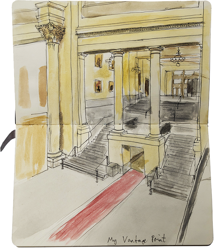 A double-page spread from Nicholas Thompson’s sketchbook records the Senate of Canada Building’s foyer. (Nicholas Thompson, Sketchbook [Speech from the Throne] 2025. Pen and ink, watercolour and coloured pencil on paper, 21 cm x 26.7 cm x 1.27 cm, Senate Artwork and Heritage Collection.)