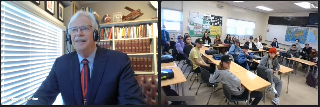 Wednesday, March 30, 2022 – Senator David M. Arnot virtually visits students from Lumsden High School in Lumsden, Saskatchewan. The senator, formerly Chief Commissioner of the Saskatchewan Human Right Commission, spoke to Grade 11 and 12 history students about the importance of citizenship education.