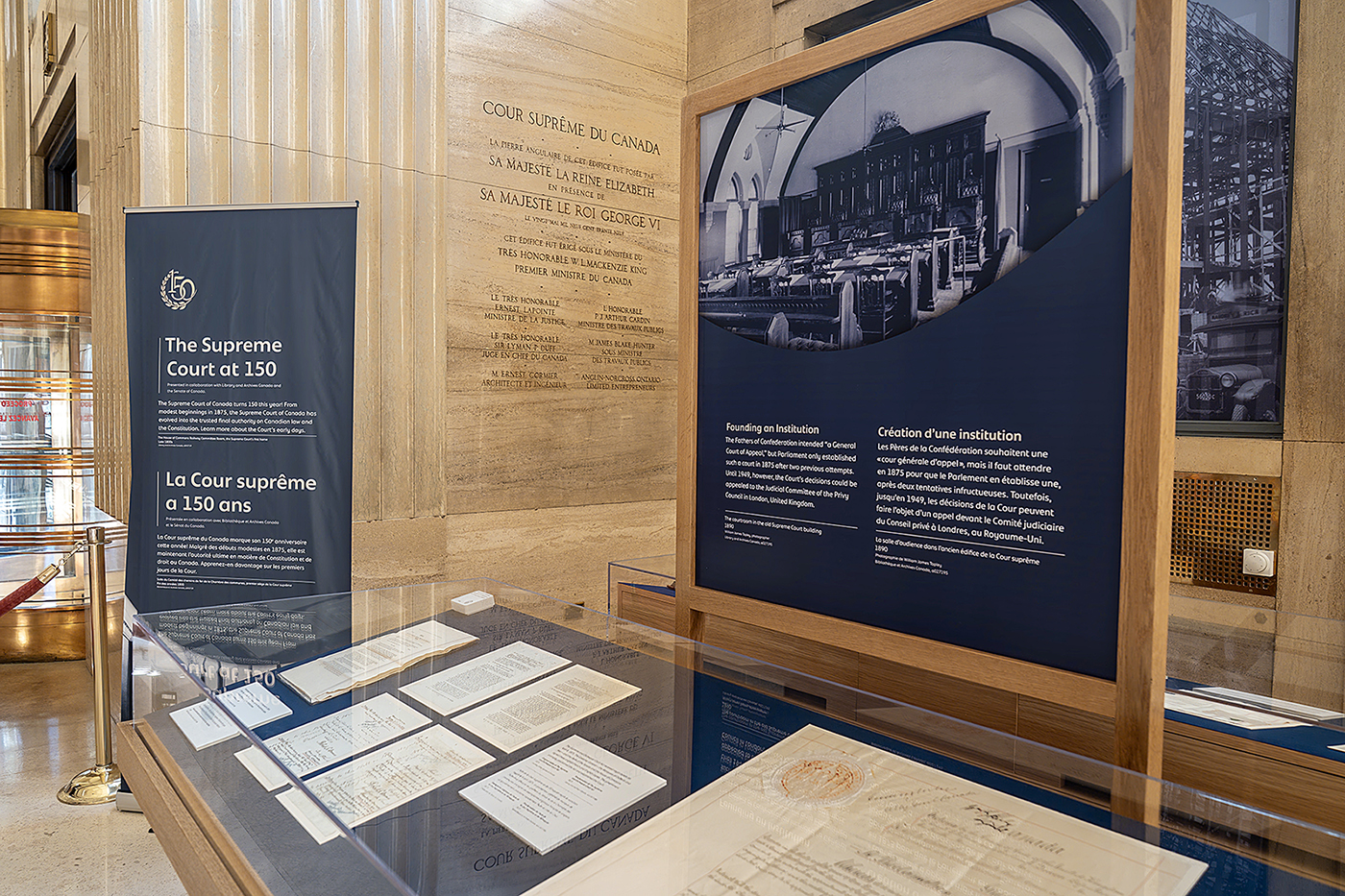 The original act of Parliament that brought the Supreme Court into existence, on loan from the Senate archives, is seen on public display in the Supreme Court building in April 2025. (Photo credit: Supreme Court of Canada)