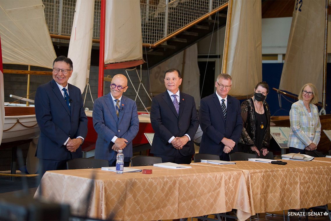 Senators Dan Christmas, René Cormier, Brian Francis, Fabian Manning, Marilou McPhedran and Jane Cordy during the Senate Committee on Fisheries and Oceans’ press conference at the Maritime Museum of the Atlantic in Halifax.