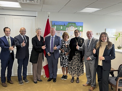 Thursday, June 8, 2023 – From left to right: Member of Parliament Andrew Chambers, senators Andrew Cardozo and Lucie Moncion, Member of Parliament Erin O’Toole, senators Julie Miville-Dechêne and Michèle Audette, and members of Parliament Robert Kitchen and Raquel Dancho; luncheon highlighting Erin O’Toole’s career as part of informal gatherings between parliamentarians; Senator Cardozo’s office on Parliament Hill, Ottawa, Ontario  