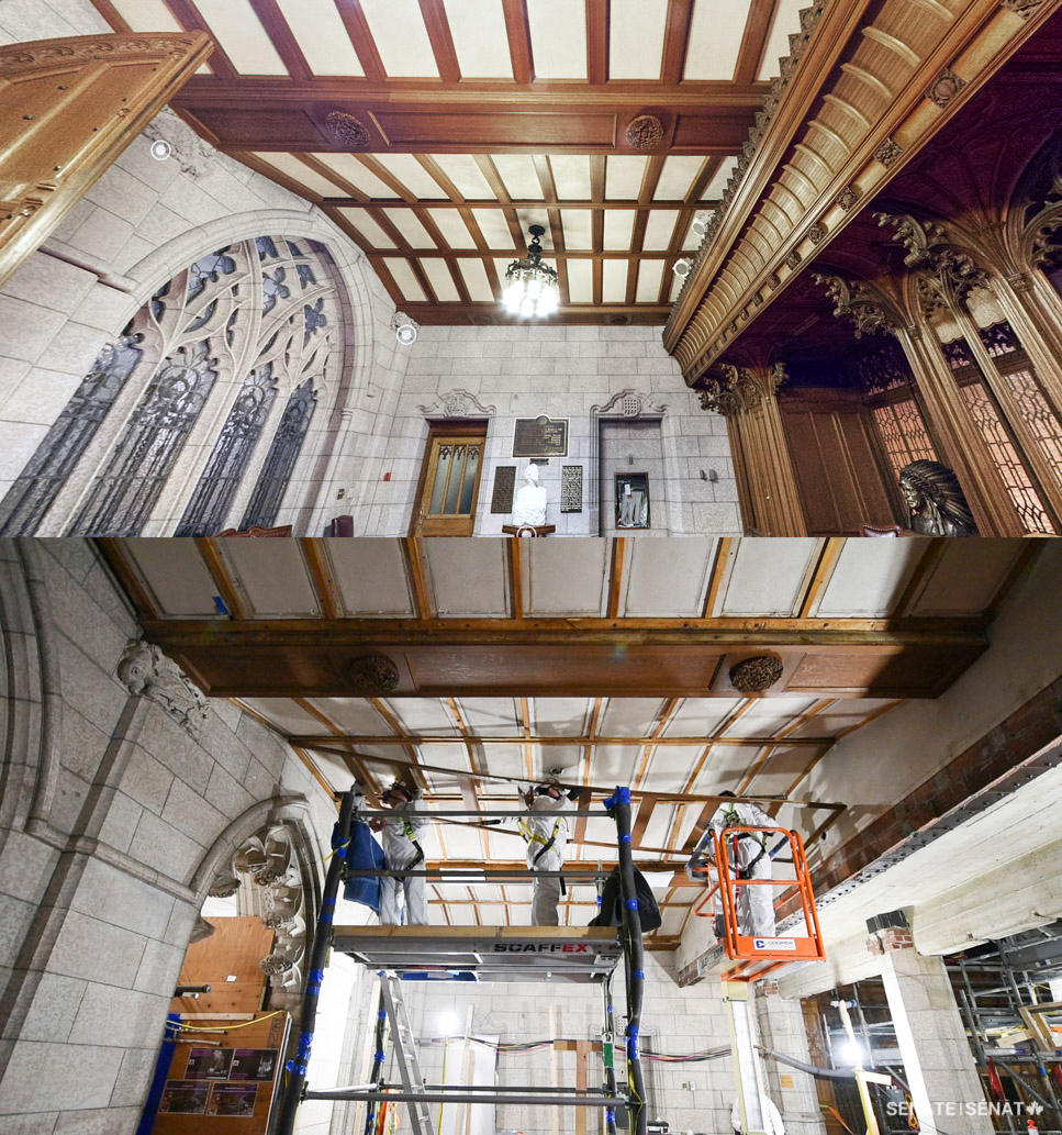 Perched on a scaffold and an electric lift, workers dismantle the wood panels that normally line the Senate antechamber ceiling, leaving behind exposed stone, brick and concrete.