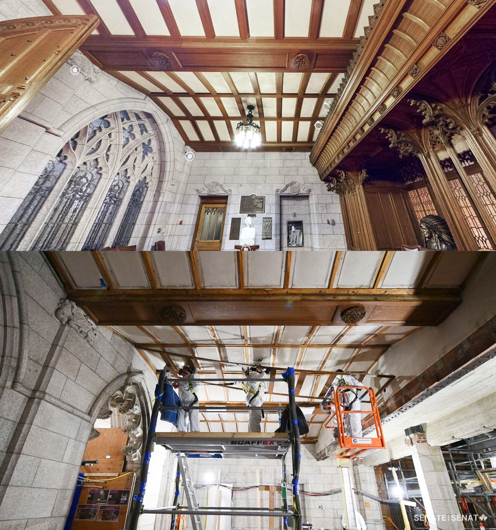 Perched on a scaffold and an electric lift, workers dismantle the wood panels that normally line the Senate antechamber ceiling, leaving behind exposed stone, brick and concrete.