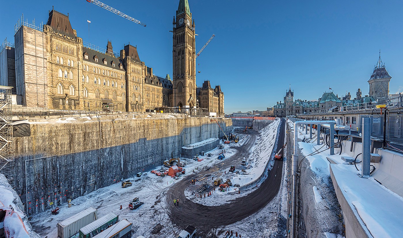 A massive excavation pit in front of Centre Block on Parliament Hill.