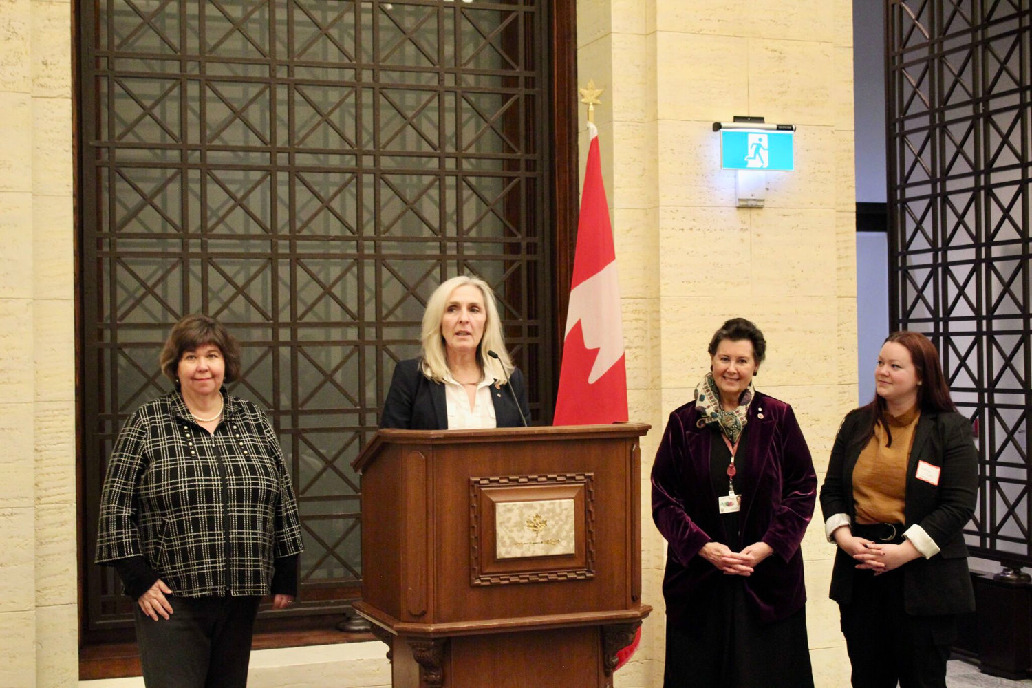 Thursday, November 20, 2025 – From left: MP Anita Vandenbeld, senators Rebecca Patterson and Marilou McPhedran, and Chair of the Women, Peace and Security Network Canada Katrina Leclerc; Parliamentary evening on the Women, Peace and Security agenda; Senate of Canada Building, Ottawa, Ontario.