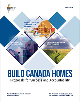 Senate of Canada report cover featuring diamond-shaped images of housing construction, data analytics, and land development.