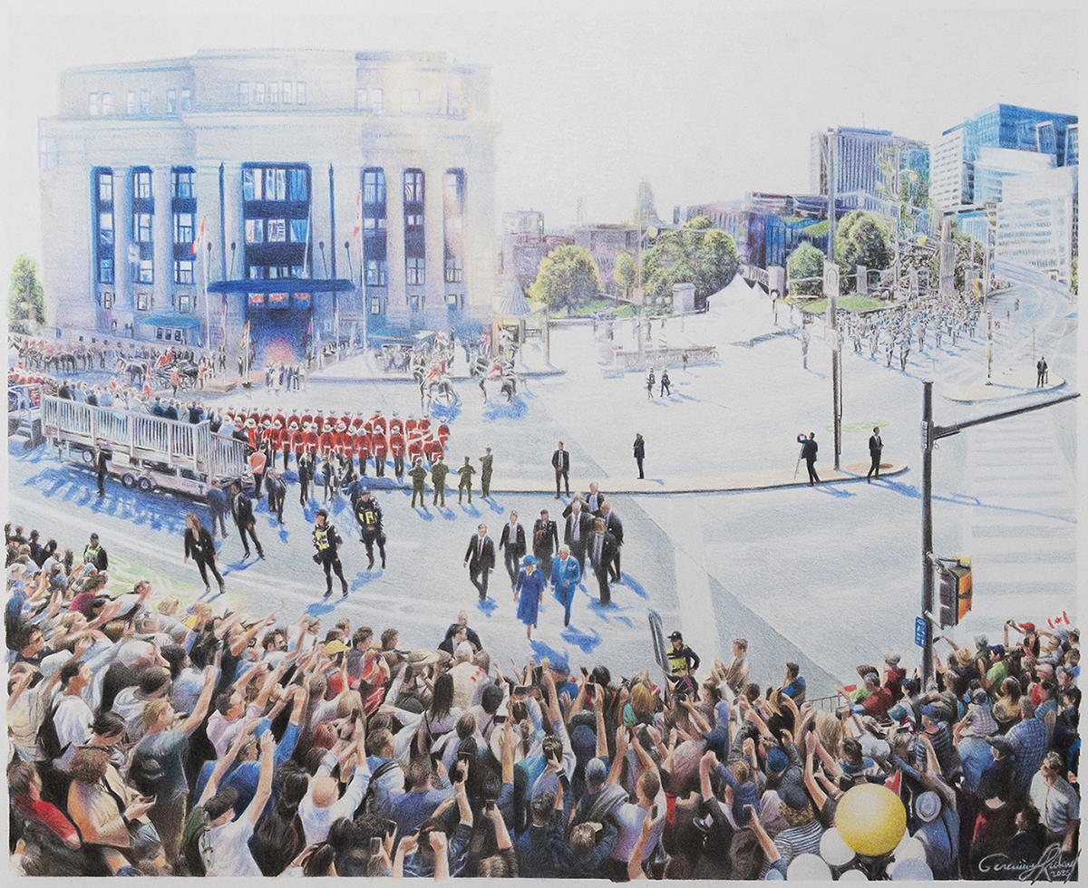 This composite drawing by Quebec multimedia artist Geneviève L Richard captures the moment King Charles III and Queen Camilla veered off route to greet an enthusiastic crowd across the street. (Geneviève L Richard, The Speech from the Throne, 2025. Watercolour, coloured and acrylic pencil on paper, 60.8 cm x 69 cm, Senate Artwork and Heritage Collection.)